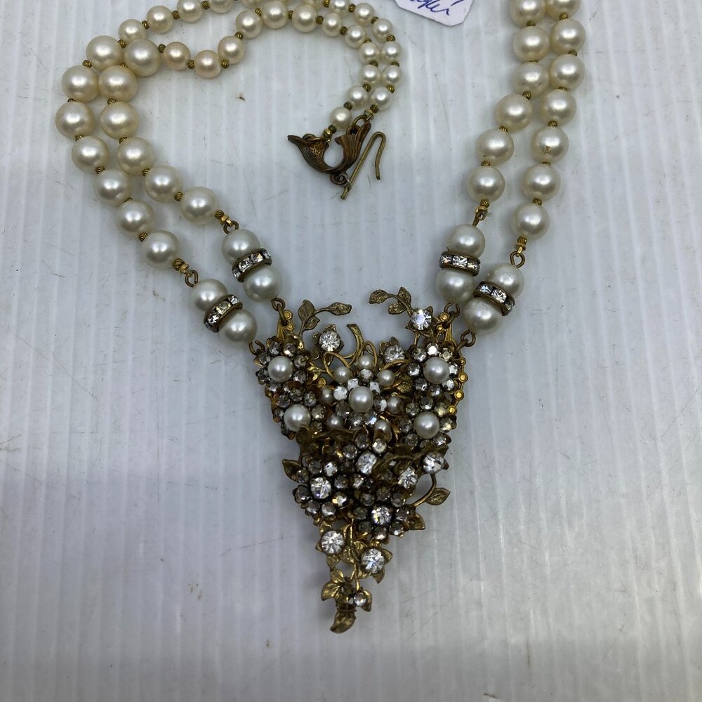 Vtg STANLEY HAGLER Miriam Haskell style  faux pearl brass filigree necklace